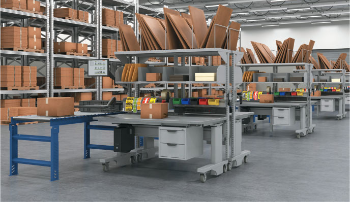 ergonomic packaging workstations in a distribution center layout